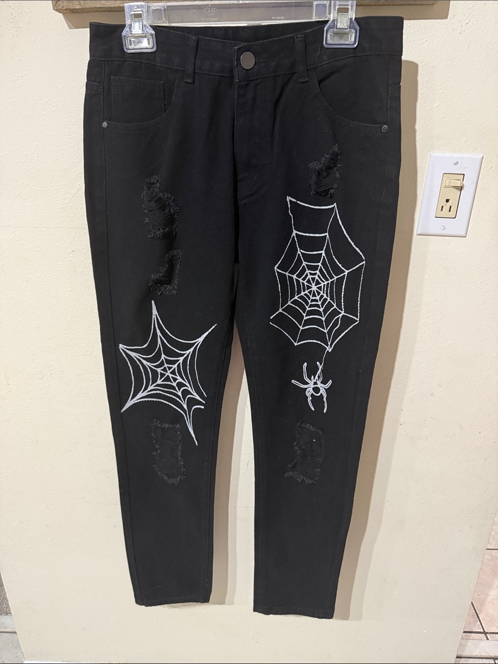 Black Spiderweb Spider Distressed Skinny Jeans Size 32 Goth Emo Y2K